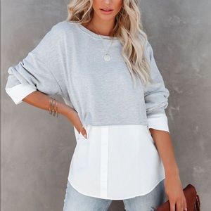 VICI Kiersten Cotton Contrast Poplin Knit Top - Heather Grey